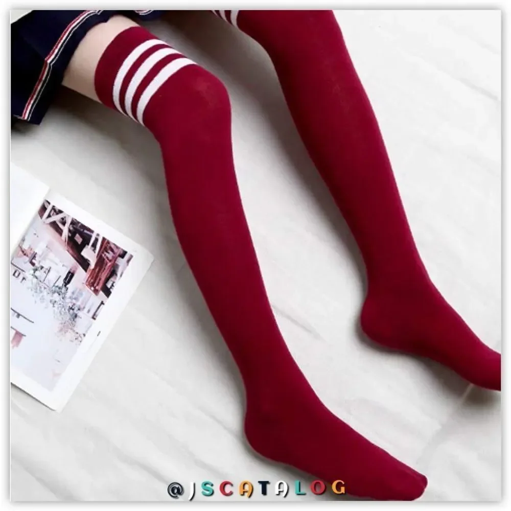 Wine Red w/ White Stripes Cotton Thigh High Socks